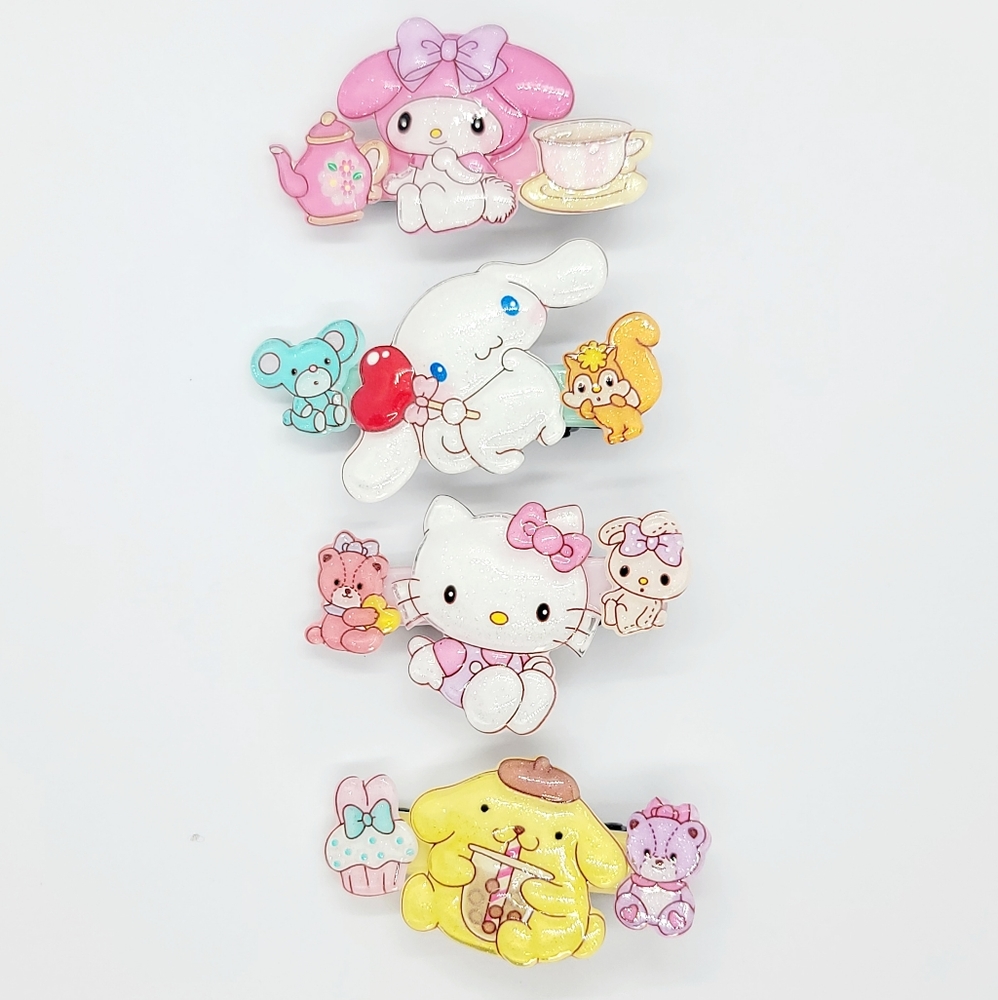 Cute Kawaii Hello Kitty, My Melody, Purin, Cinnamoroll hair clips.